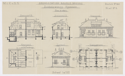 858547 Doorsneden, Opstanden, doorsneden en plattegrond van de dubbele woning van de Commiezen van het S.S.-station ...